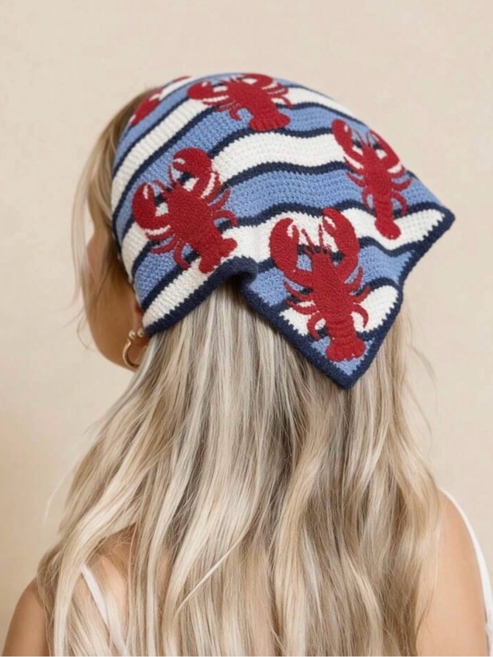 NWOT Red, White and Blue Striped Headscarf with Red Lobster Motif, OS